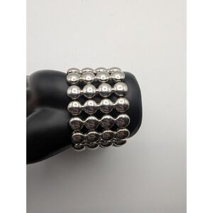 Chunky Silver Tone Beaded Stretch Bracelet Statement Cuff